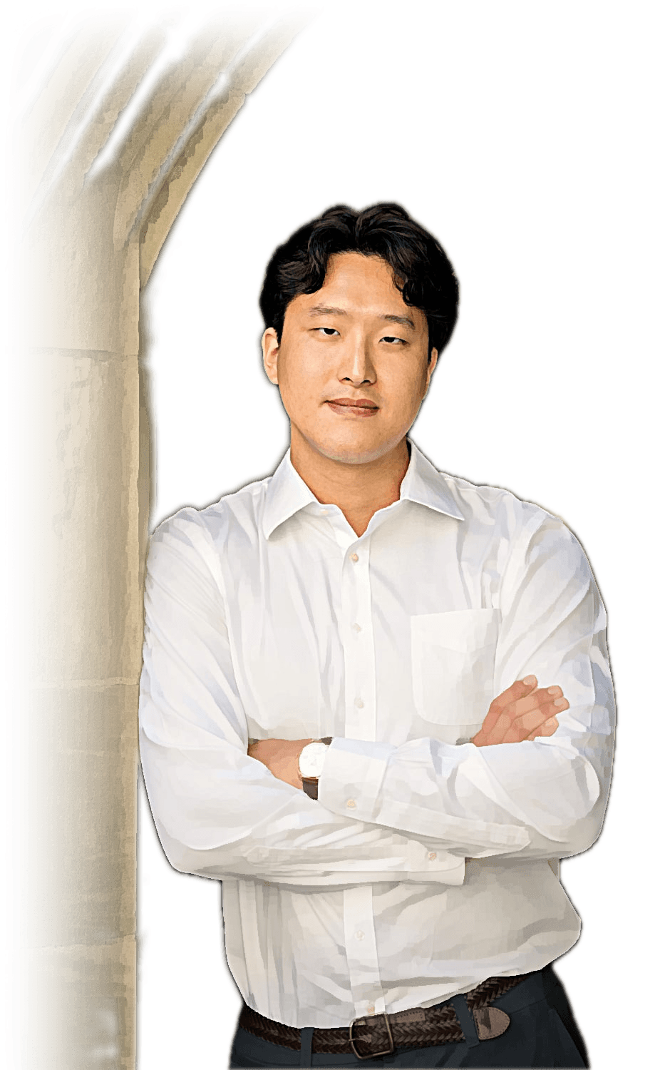 Painted portrait of Frank Kim, arms crossed, in a white shirt, leaning against a stone archway